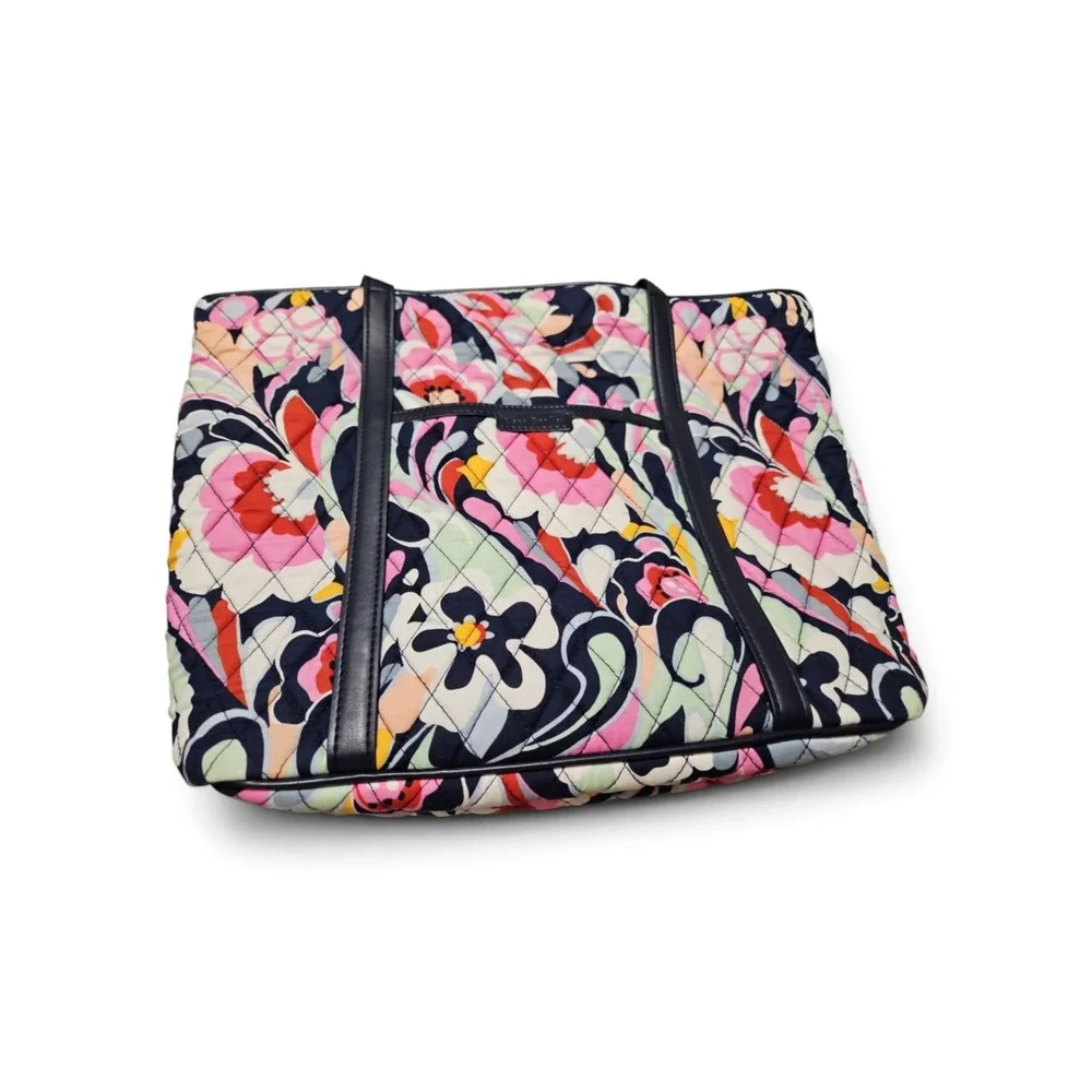 Vera Bradley Quilted Floral Tote Bag Navy Blue Trim Multi Color Shoulder Bag